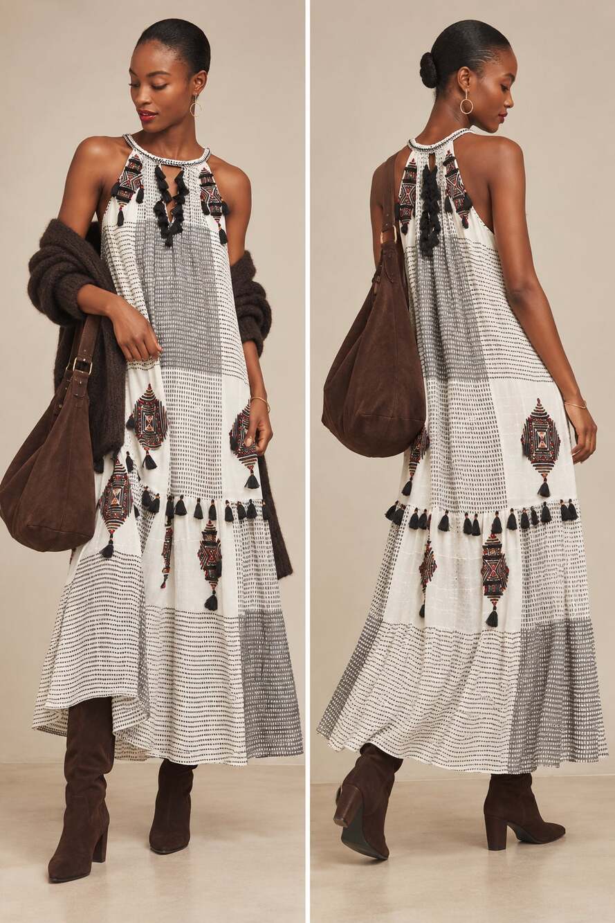 Anthropologie S Maeve Embroidered Tasseled Puebla Maxi Dress $168 Cotton Boho